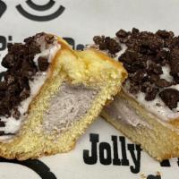 Cookies & Cream Yeast Donut · Yeast donut filled with our oreo cream with white icing and crushed oreos on top