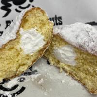 Vanilla Creme Filled Powdered Yeast Donut · Yeast donut filled with our vanilla cream coated in powdered sugar