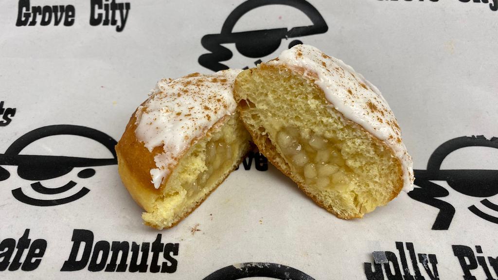 Apple & Spice Frosted Yeast Donut · Yeast donut filled with apple and spice filling (like apple pie) topped with white icing and cinnamon