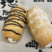 Cream Horn · Crunchy pastry shell filled with our vanilla cream - comes with chocolate drizzle or powdere...