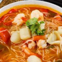 165 Seafood Tom Yum Mee Hoon · Spicy: Sharp, fiery taste. Rice noodle, shrimp, scallops, squid, mixed mushrooms, and veggie...