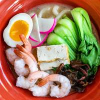 Sanuki Udon · Udon in traditional miso-tonkatsu broth, shrimp, fish cake, mushroom, marinated tofu, baby S...