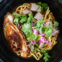Five Spice Beef Noodle · Egg noodle in savory  beef broth with tender braised beef topped with cilantro, crisp pickle...