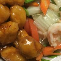 Kung Pao Chicken & Baby Shrimp · Hot and spicy.