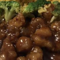 General Tso'S Chicken · Chunks of boneless chicken sauteed in general sauce and sauteed broccoli. Served with white ...