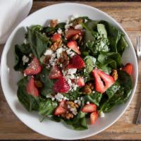 Strawberry Spinach Salad · Gluten-free. Fresh spinach, goat cheese, strawberries, and spiced walnuts tossed in balsamic...
