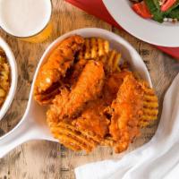 Chicken Tenders · Four breaded chicken tenders tossed in your choice of sauce and served over waffle fries wit...