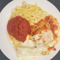 Pasta Mista · A medley of cannelloni, lasagna, fettuccini alfredo & a meatball