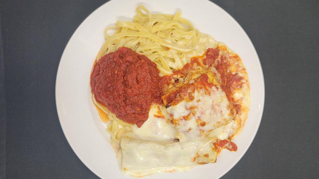 Pasta Mista · A medley of cannelloni, lasagna, fettuccini alfredo & a meatball