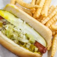 Hot Dog · Everything includes freshly chopped onions, relish, mustard, and pickle spear served on a pe...