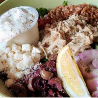 Mediterranean Bowl · Pulled lemon-oregano chicken, sprouted faro, feta, kalamata olives, roasted red peppers, sun...