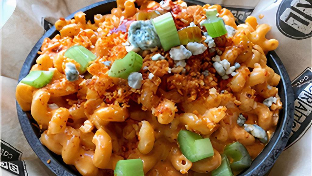 Lg Buffalo Chicken Mac · Chicken with blue cheese & celery in a spicy cheese sauce