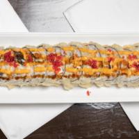 Tiger Roll · Spicy tuna, cream cheese, avocado, and masago deep fried and topped with spicy mayo and eel ...