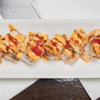 Hawaiian Sunrise Roll · Spicy tuna, topped with shrimp tempura and red tobiko.