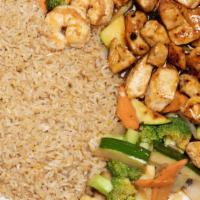 Chicken · Most popular. Includes grilled shrimp, grilled veggies, soup, and fried rice.