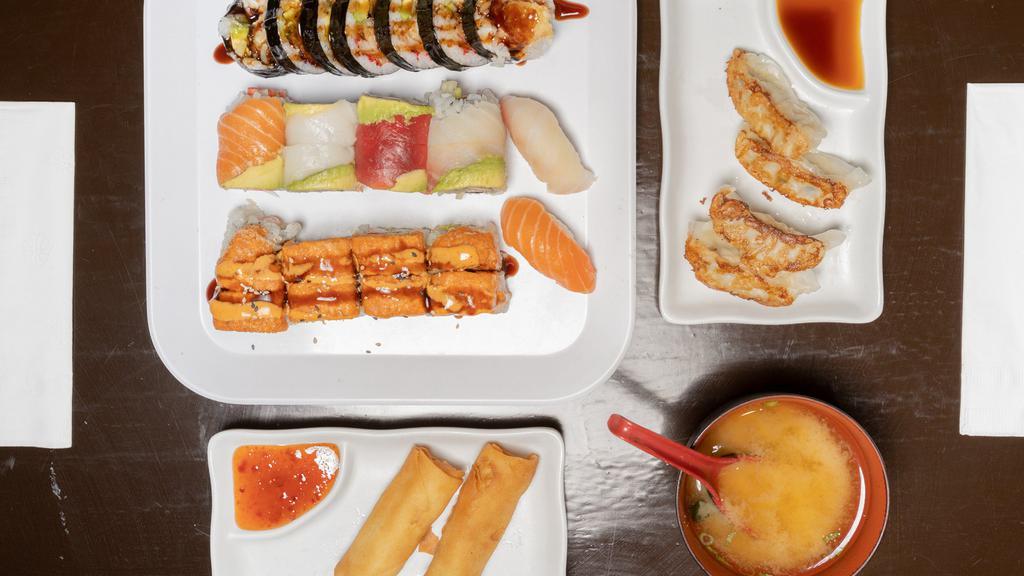 Option A · Most popular. Any three sushi rolls, two pieces of nigiri, and one appetizer.