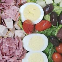Italian Style Chef Salad · Turkey, ham and salami on a crisp bed of iceberg lettuce. Includes cherry tomatoes, red onio...