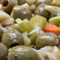 Italian Olive Salad (1 Lb.) · Scimeca's Olive Salad. Green pitted Sicilian olives marinated in olive oil, fresh cut celery...