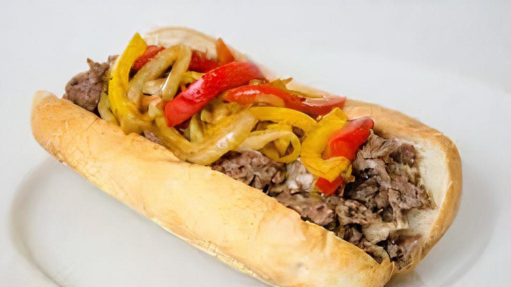 Thursday: Italian Beef Sandwich · Chicago style Italian Beef slow cooked and seasoned to perfection topped with melted provolone cheese, giardiniera peppers, and au jus served on an Italian hoagie.