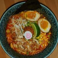 Chicken Curry Ramen /  チキンカレーラーメン · Half Cooked Eggs. Hot. Chicken, Green Onion, Corn, Bean Sprouts, Half Cooked Egg, Roasted Se...