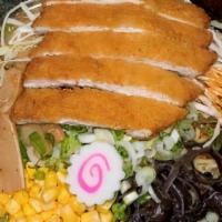 Chicken Katsu Ramen /  チキンカツラーメン · Mild. Chicken Katsu, Fish Cake, Sliced Cabbage, Black Mushroom, Corn, Green Onion, Bamboo Sh...