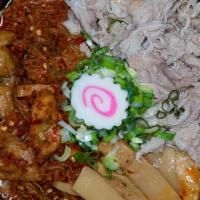 Kimchi Ramen /  キムチラーメン · Hot. Sliced Beef, Fish Cake, Kimchi, Bamboo Shoot, Green Onion, Spicy Oil & Black Garlic Oil...