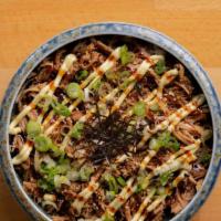 Teriyaki Pork Donburi /  解肉身 · Hand Sliced Teriyaki Pork, Japanese Mayo, Chef Special Sauce Over White Rice Topped With Gre...