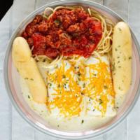 (Combo B) Small Cheese Manicotti With Spaghetti Meat Sauce.  · Small Cheese Manicotti in Alfredo Sauce with Spaghetti Meat Sauce