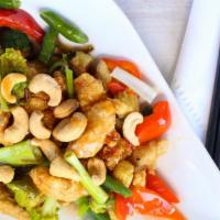 Cashew Nut · Stir-fried meat with cashew nut, carrot, mushroom, water chestnut, bell pepper, baby corn,
a...