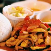 Pad Piew Wan · Stir-fried meat in sweet and sour sauce with pineapple, tomatoes, carrot, baby corn, bell
pe...