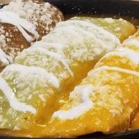 Enchiladas Tres Amigos (3) · 3 pieces. Mole, suiza, and ranchera enchiladas. Corn tortillas stuffed with cheese and your ...