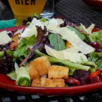 Spring Greens · Spring mix, cucumber coils, smoked beets, orange and red bell peppers, shaved parmesan, gold...