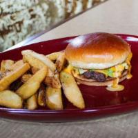 Daddy Mac Burger · 1/4 lb. smash patty, American cheese, thousand island dressing, and shredded iceberg on a to...