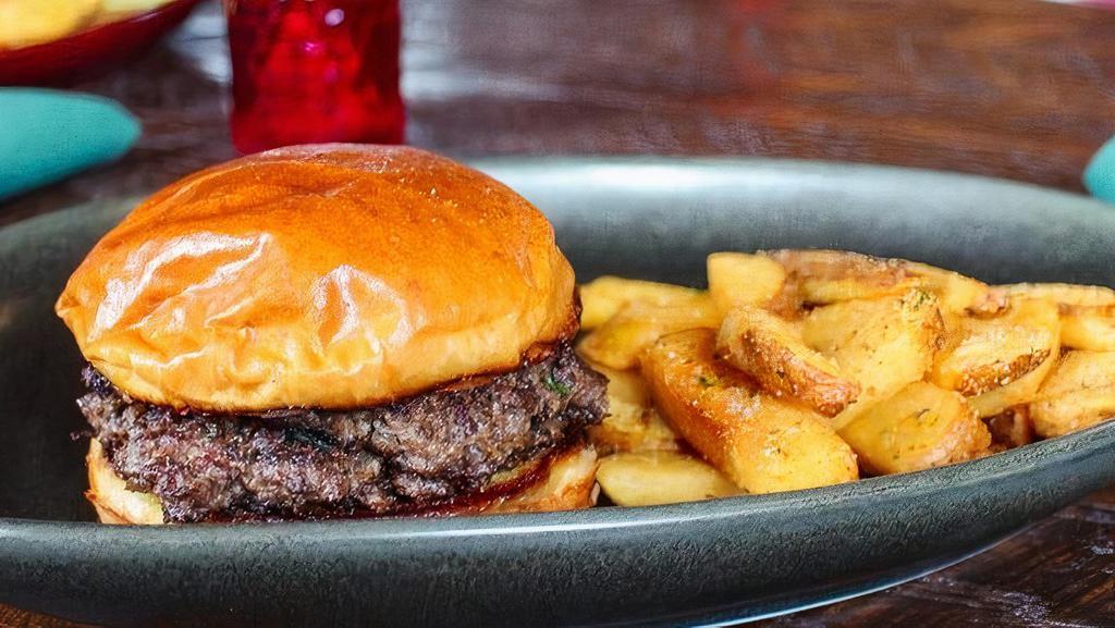 Buck Naked Burger · Two ¼ lb. smashed patties on a toasted rye bun. Served with steak fries or a side salad.