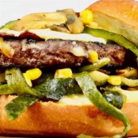 Poblano · Grilled 100% angus ground beef patty served with roasted poblano peppers. Grilled onions, mu...