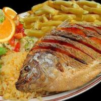 Mojarra · Delicious deep fried mojarra, served with rice and salad.