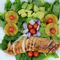 Roasted Pineapple Chicken Salad · Marinated grilled chicken breast over romaine lettuce, served with roasted pineapple slices,...