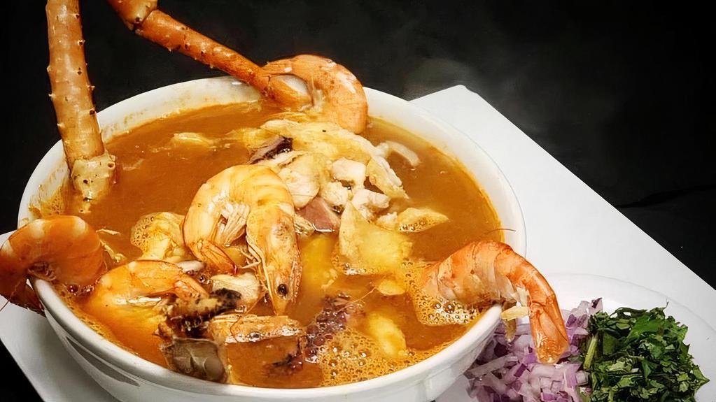 Caldo 7 Mares · A delicious broth cooked with a shrimp, octopus, mussels, fish, crab, clams and vegetables.