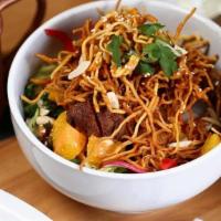 Asian Ramen · Crispy chicken, cabbage, orange, carrot, bell pepper, radish, crunchy noodles, almond, sesam...