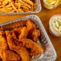 Family Fish Fry · Our Famous Beer Battered Cod (10 Pcs), Seasoned French Fries, Creamy Coleslaw, Homemade Tart...