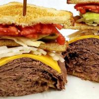 Triple Decker Beef Brisket · Oven Roasted Beef Brisket topped with American cheese, lettuce, tomato, onion and mayo. Serv...