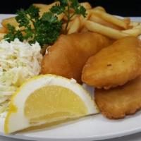 Beer Battered Cod Dinner · 3 pieces of crispy beer battered fried Cod filets, french fries and small cole slaw. Lemon w...