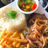 Sirloin Steak With Onions / Bife Acebolado · 8oz sirloin steak, grilled to perfection, loaded with grilled onions and served with white r...