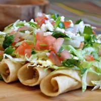 Flautas · (5) Crisp corn tortillas rolled and stuffed with your choice of flling. Topped with lettuce,...