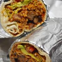 Burritos · Large flour tortilla filled with beans, cheese, lettuce, tomato and your choice of meat.