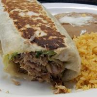 Burrito Plate · Large flour tortilla filled with beans, cheese, lettuce, tomato and your choice of meat. Ser...