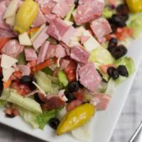 Salerno’S Special Salad · Iceberg Lettuce, Salami, Mortadella, Ham, Capocolla, Provolone Cheese, Tomatoes, Pepperoncin...