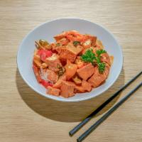 Panang Curry · A spicy red curry with Thai eggplant, bell peppers and basil. Spicy.