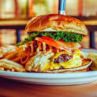 Paul Bunyan Burger · Two 5 ounce Certified Angus Beef® chuck patties, American cheese, bacon, fried egg , fried o...