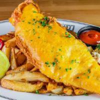 Fish & Chips · Haddock hand battered in our Blue Moon beer batter, served with our twice fried hand cut Eng...